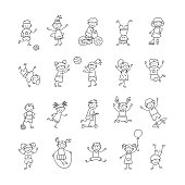 Active children play, run and jump. Happy cute doodle kids. A set of isolated characters. Vector illustration in hand drawn style on white background