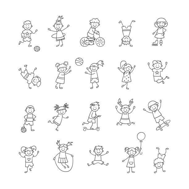 Active children play, run and jump. Happy cute doodle kids. A set of isolated characters. Vector illustration i Active children play, run and jump. Happy cute doodle kids. A set of isolated characters. Vector illustration in hand drawn style on white background drawing activity illustrations stock illustrations