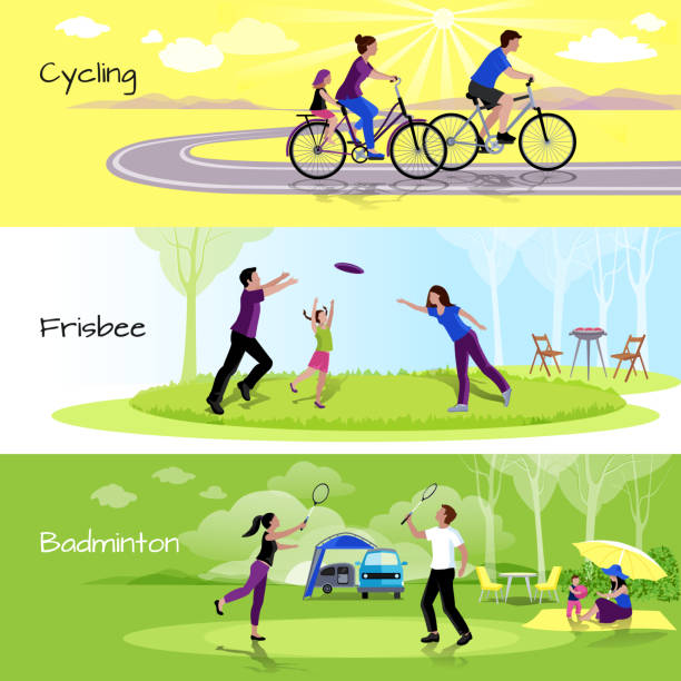 active leisure people flat banners Active leisure people horizontal banners with sports events in spare time in flat style vector illustration frisbee stock illustrations