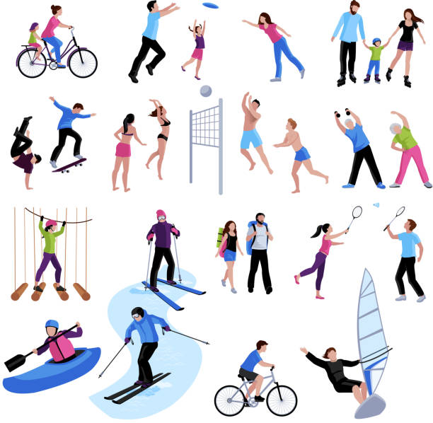 active leisure people icons Active leisure people icons set of different sports summer and winter games in flat style isolated vector illustration frisbee stock illustrations
