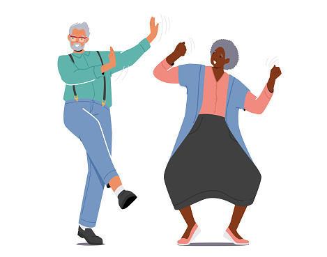 Active Old Man and Woman Dance Leisure. Cheerful Senior Pensioners in Fashioned Clothes Dancing and Relaxing
