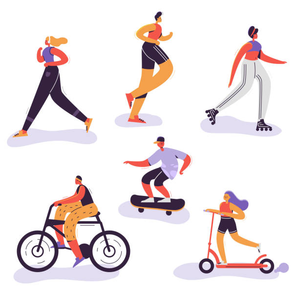 Active People Exercising. Outdoor Activities Running Woman, Girl Riding Bicycle, Man Run Marathon. Characters Doing Sportive Exercises. Vector illustration Active People Exercising. Outdoor Activities Running Woman, Girl Riding Bicycle, Man Run Marathon. Characters Doing Sportive Exercises. Vector illustration walking illustrations stock illustrations