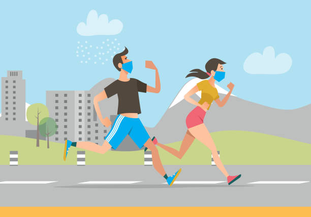 Active people in face masks running outdoors Active people in face masks running outdoors. Man and woman jogging during coronavirus outbreak. Vector illustration for fitness, exercising, epidemic concept jogging stock illustrations