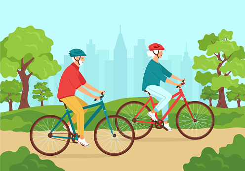 Active senior gray-haired man and woman ride bicycles in helmets in the city park. Healthy lifestyle concept for elderly, outdoor activities in retirement. Happy mature family. Vector illustration
