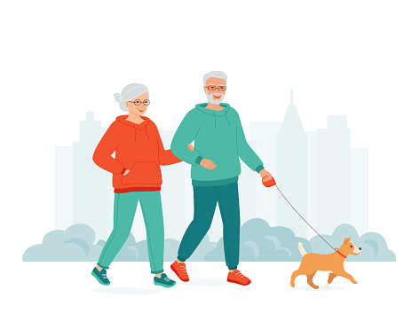 Active senior people in sporty clothes walks with dog holding hands. Concept of happy mature family spend time together in city park. Leisure activity weekend, healthy lifestyle. Vector illustration