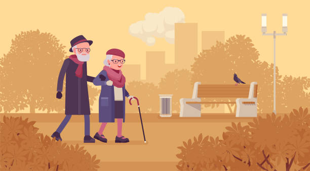 illustrazioni stock, clip art, cartoni animati e icone di tendenza di anziani attivi, anziani felici e sani che camminano attraverso il parco autunnale - autunno energia