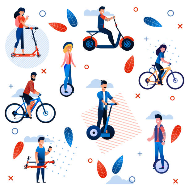 illustrazioni stock, clip art, cartoni animati e icone di tendenza di modello di cartone animato per vacanze estive attive senza soluzione di continuità - electric scooter