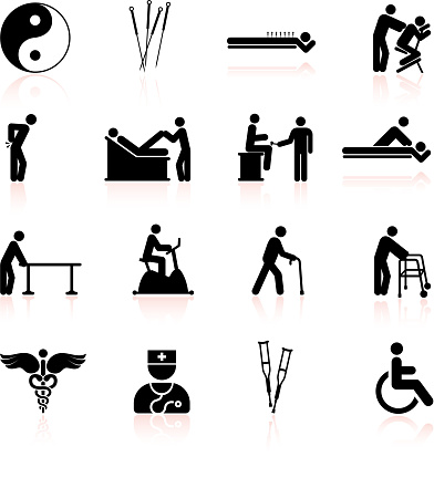 Acupuncture and physical therapy black & white icon set