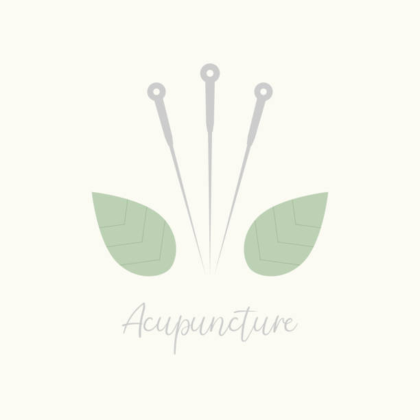 Acupuncture needle and green leaves. Alternative medicine logo, sign, icon. Acupuncture treatment.  Traditional Chinese medicine. Technique for balancing the flow of energy or life force. Procedure  acupuncture stock illustrations