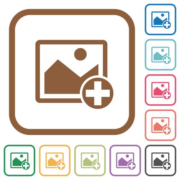 Add new image simple icons Add new image simple icons in color rounded square frames on white background plus computer key photos stock illustrations