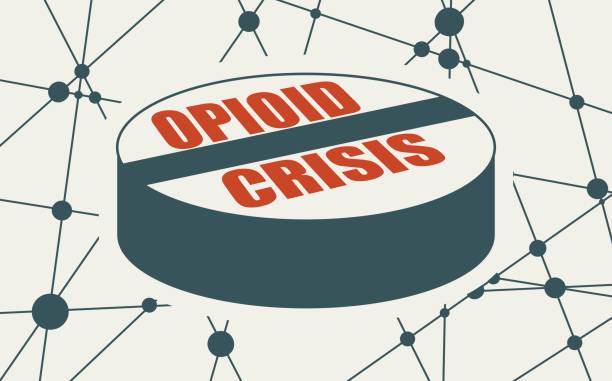 Addiction metaphor illustration Opioid crisis text on pill. Unhealthy addiction metaphor. Molecule and communication background. Connected lines with dots. crisis stock illustrations
