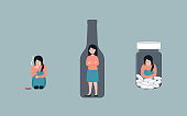 Bad habits set, alcoholism, pills drug addiction, smoking, Vector flat cartoon character illustration. Isolated on background.