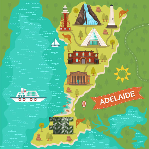 stockillustraties, clipart, cartoons en iconen met adelaide bezienswaardigheden op reizen kaart. australische stad - isle of skye