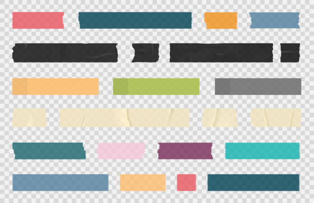 Adhesive tape, sticky paper stripes. Colorful stripes and pieces of duct paper, scotch or washi paper. Transparent duct tape in different shapes Adhesive tape, sticky paper stripes. Colorful stripes and pieces of duct paper, scotch or washi paper. Transparent duct tape in different shapes. Vector abstract borders stock illustrations