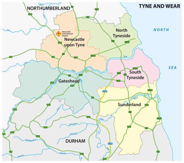 administrative and road vector map of the metropolitan county of tyne and wear, united kingdom - sunderland stock illustrations