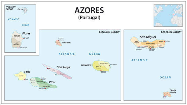 ilustrações de stock, clip art, desenhos animados e ícones de administrative vector map of the portuguese archipelago azores in the atlantic ocean, portugal - açores