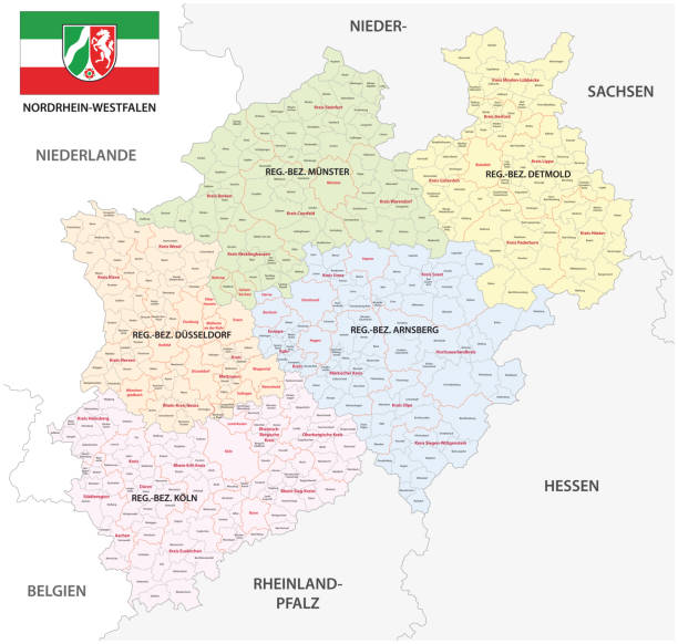 административная векторная карта земли северный рейн-вестфалия с флагом на немецком языке, германия - dortmund stock illustrations