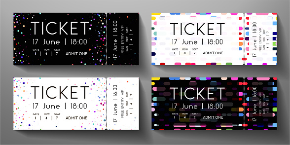 Admission ticket set. Template with circular dots and vertical colorful line on black and white background