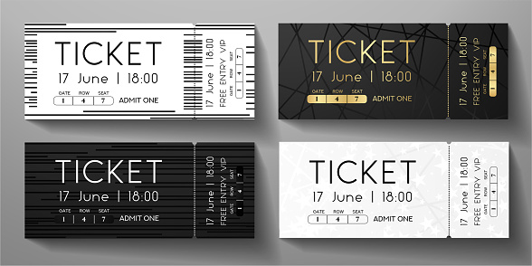 Admission ticket template set. Vector stripe tear-off entrance ticket with abstract line on black and white background