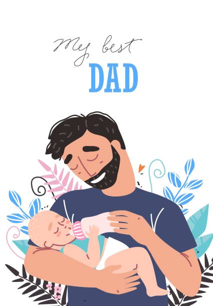 очаровательный ребенок питьевой молоко из бутылки в руках отца - baby formula stock illustrations