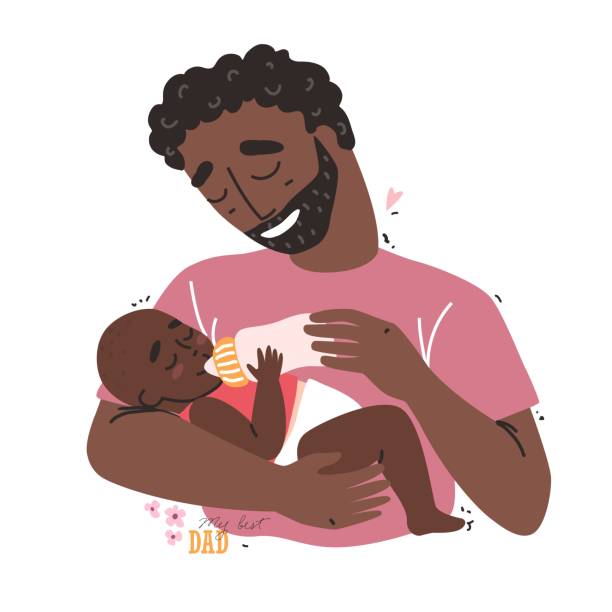 Adorable baby drinking milk from bottle in father hands Caring father feeding his baby from a bottle. Healthy baby food and infant formula, milk. baby formula stock illustrations