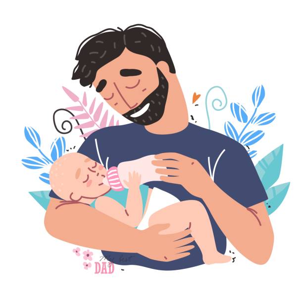 Adorable baby drinking milk from bottle in father hands Caring father feeding his baby from a bottle. Healthy baby food and infant formula, milk. baby formula stock illustrations