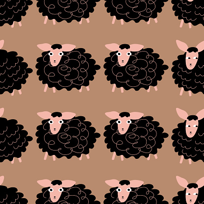 Adorable black sheep hand drawn vector illustration. Cute animal character seamless pattern for kids fabric.