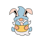 Adorable gnome with bunny ears and eggs is sitting on white background. Vector illustration.