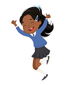 Adorable happy dark skin elementary schoolgirl jumping rejoicing with cool thumbs up gesture vector flat illustration. Smiling Asian African brunette little pupil in school uniform having fun isolated