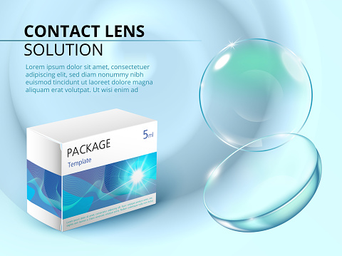 Ads template with realistic contact lens, water splash and medicine package. Blue advertising background.