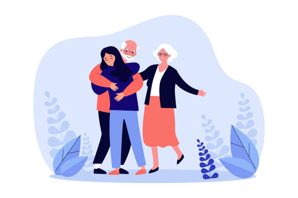 ilustrações de stock, clip art, desenhos animados e ícones de adult daughter hugging old father - grandparents hug