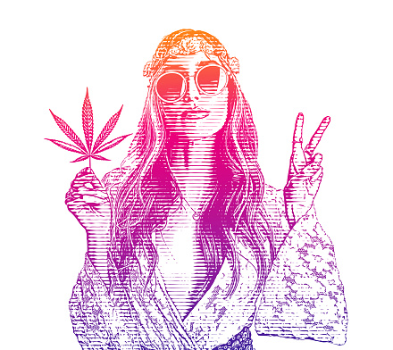 Adult hippie woman holding cannabis leaf