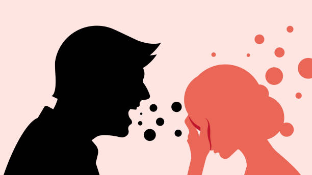 yetişkin bir adam bir kadına bağırır. adam karısına kızgın. çiftin silueti. i̇stismar, ceza, bastırma, suistimal, çığlık. - violence against women stock illustrations