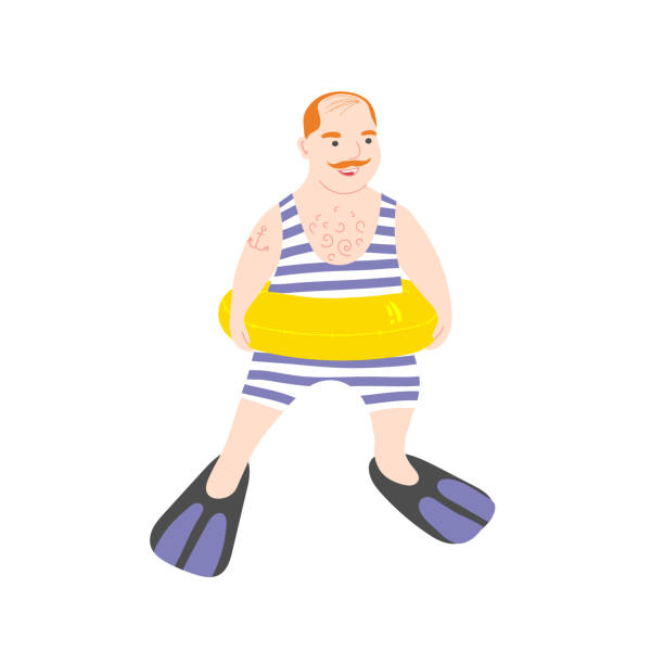 ilustrações de stock, clip art, desenhos animados e ícones de adult man with a rubber ring and swimsuit. swimming on inflatable circle and flippers. bald plump sailor - bald beach