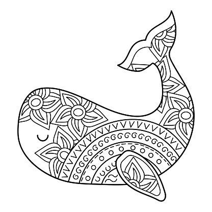 Adult or children's anti-stress coloring book. The stylized whale is decorated with flowers and rainbows.