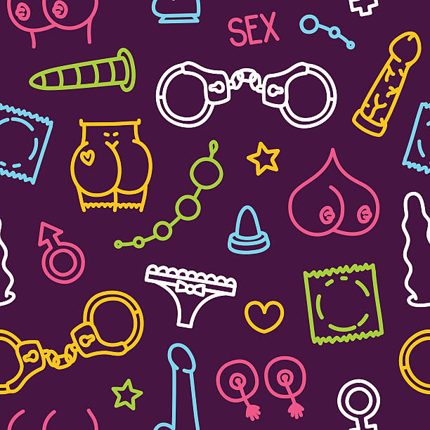 stockillustraties, clipart, cartoons en iconen met adult store colorful sex toys items seamless vector background - vibrator