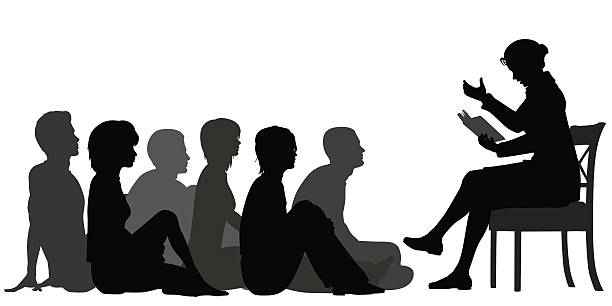 Adult storytime EPS8 editable vector silhouettes of a female teacher reading a story to a group of adults sitting on the floor teacher silhouettes stock illustrations