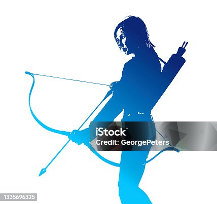 istock Adult woman aiming bow and arrow 1335696325