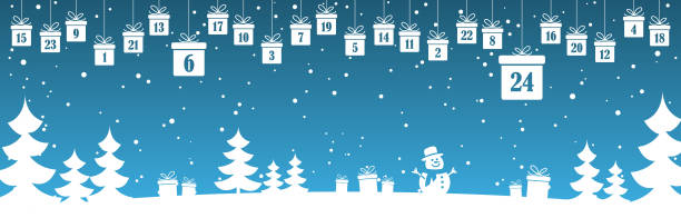 advent calendar 1 to 24 on christmas presents hanging christmas presents colored white with numbers 1 to 24 showing advent calendar for xmas and winter time concepts, blue nature background with fir trees and christmas symbols advent stock illustrations