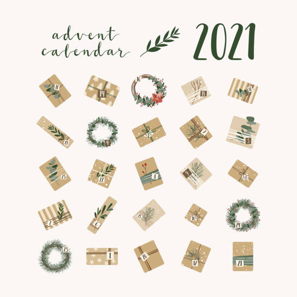 Advent calendar. Christmas presents in kraft paper and wreaths, with numbers 1 to 25. Rustic gift box. Eco decoration. New 2021 Year and Xmas celebration preparation. Vector flat cartoon style Advent calendar. Christmas presents in kraft paper and wreaths, with numbers 1 to 25. Rustic gift box. Eco decoration. New 2021 Year and Xmas celebration preparation. Vector flat cartoon style, isolated advent stock illustrations