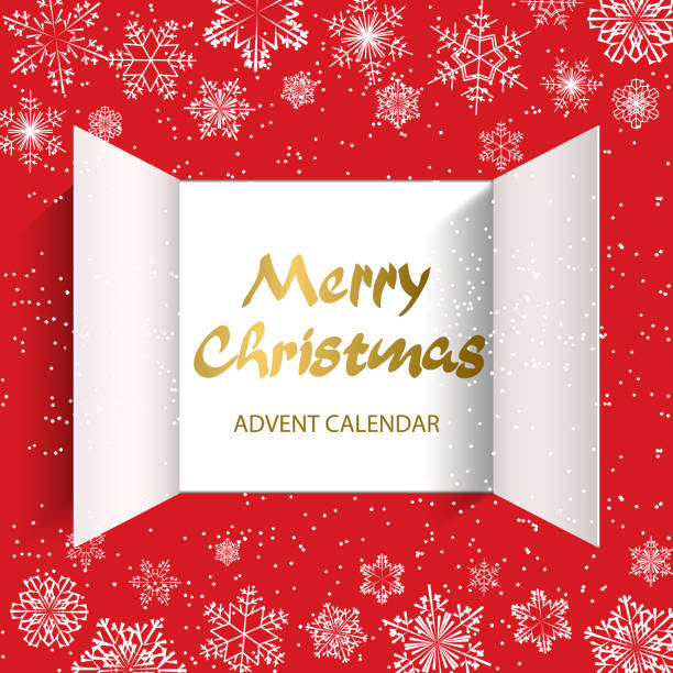 Advent Calendar Doors opening Christmas advent calendar doors open and golden letters. White snowflakes on a red background. Vector illustration advent stock illustrations