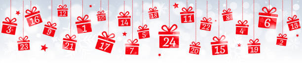 Advent calendar Advent calendar vector illustration with hanging gifts on bokeh advent stock illustrations