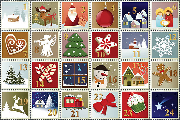 Advent Calendar Advent Calendar with Christmas stamp collection advent stock illustrations