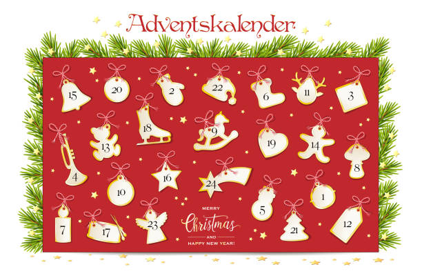 adventskalender mit 24 weihnachtlichen motivkarten,
tradition in der adventszeit,
vektorillustration isoliert auf weißem hintergrund - adventskalender tür stock-grafiken, -clipart, -cartoons und -symbole
