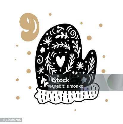 istock Advent calendar with cute scandinavian hand drawn vector. Twenty-four days before ethno Christmas. Ninth Day. Winter Illustration of nordic Mitten 1342080286