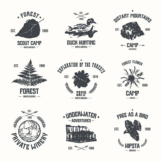 Adventure camp emblems Adventure camp emblems. Graphic design for t-shirt. Black print on a white background stylized underwater nature set of icons stock illustrations