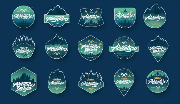 Adventure lettering set logos or emblems with gradient. Vintage logotype with mountains, bonfires and arrows. Vector signs for your design. Adventure lettering set logos or emblems with gradient. Vintage logotype with mountains, bonfires and arrows. Vector signs for your design. adventure stock illustrations