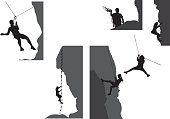 Silhouettes of extreme sports, rappelling, combing, descending on rope, each object on his own layer