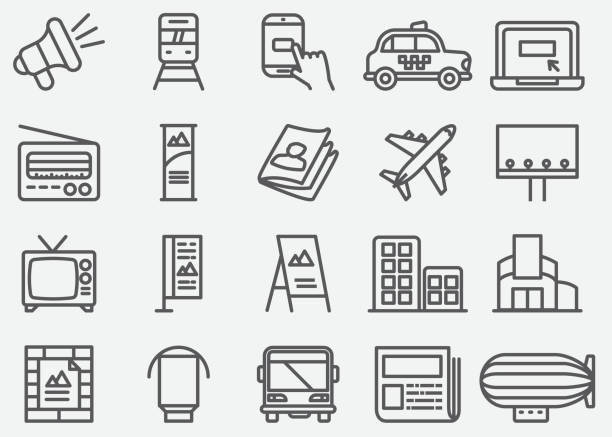 Advertising and Media Line Icons Advertising and Media Line Icons poster symbols stock illustrations