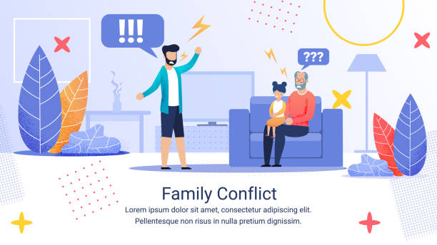 Advertising Banner Inscription Family Conflict. Advertising Banner Inscription Family Conflict. Puzzled Grandfather Sits on Big Armchair and holds Granddaughter in Hands. Upset Dad at Loss. Serious Conflict on Upbringing on Girlâs old man crying stock illustrations